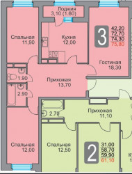 Трёхкомнатная квартира 75.8 м²