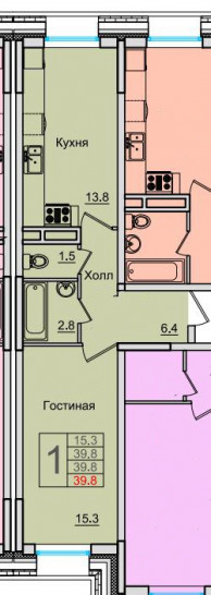 Однокомнатная квартира 39.9 м²